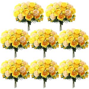 Geosar 8 Bundles Artificial Peonies Flowers Fake Silk Peony Bouquet Faux Peonies Flowers Bulk for Decoration Vase Floral Arrangements Wedding Party Table (Yellow,Champagne)