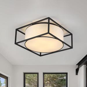 Semi Flush Mount Ceiling Light Fixture, 5-Light Fabric Drum Shade Lights with Black Metal Frame, Entryway Light Fixtures, Close to Ceiling Lights for Bedroom, Living Room, Kitchen, Hallway