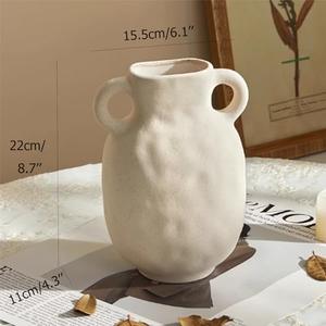 Rustic White Ceramic Vase for Home Decor, Antique Farmhouse Clay Jug Pitcher Vases for Aesthetic Textured Large Vintage Pottery with Handle for Centerpiece