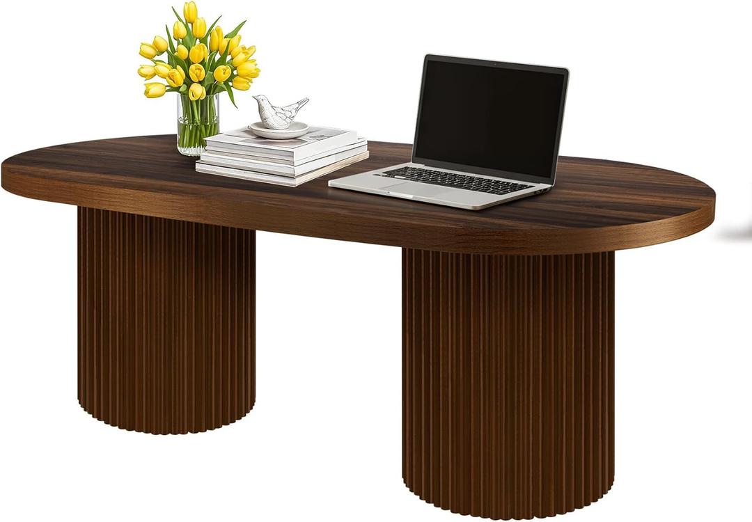 Farmhouse Coffee Table, Ellipse 47 in Wood Modern Center Accent Table, Mid Century Wooden Coffee Tables with Sturdy Base & Rounded Corners for Living Room (Rustic Brown)