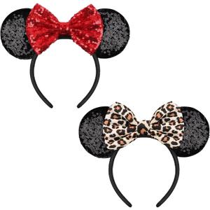 2 PCS Mouse Ears, Shiny Sequin Bow Mouse Ears Headbands for Adult Women Girls Christmas Birthday Party (Red&leopard)