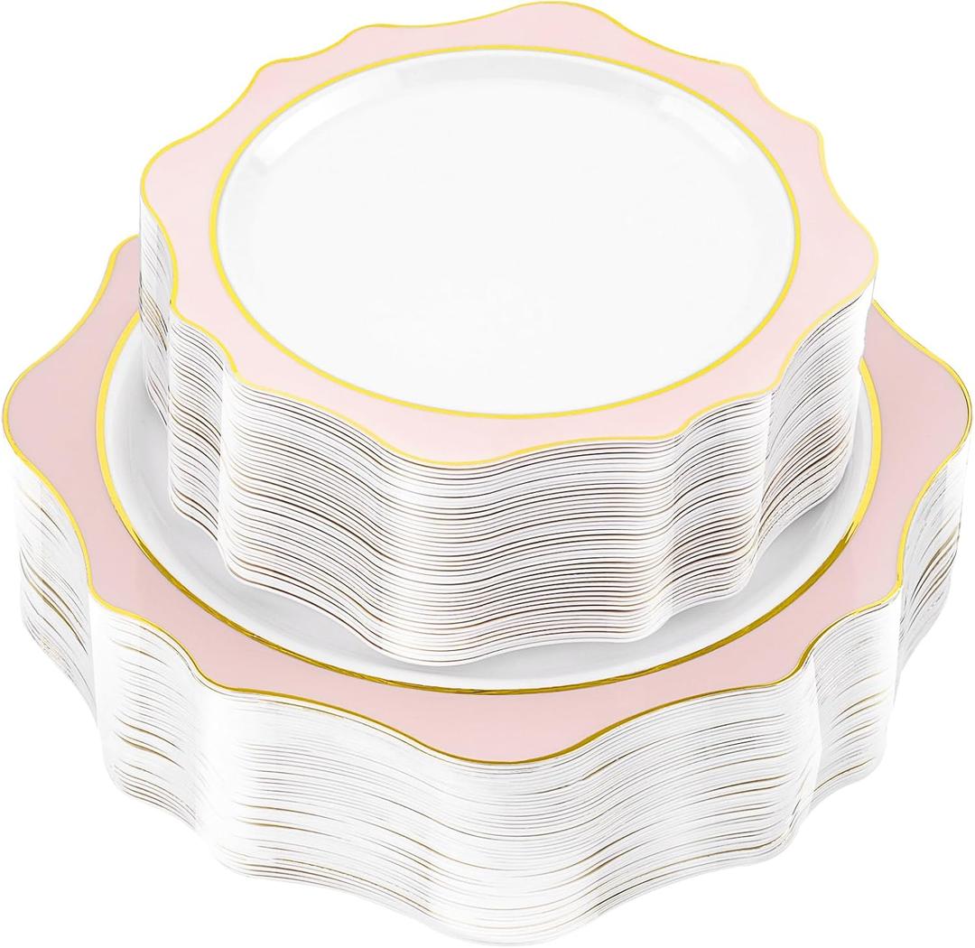 realluck 100 PCS White and Pink Disposable Plates for 50 Guests, Scalloped Plastic Plates Include 50 Dinner Plates and 50 Dessert Plates for Party, Wedding and Graduation