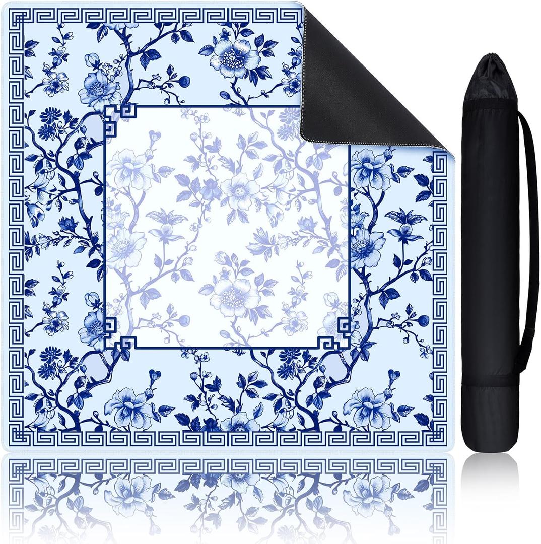 Chinoiserie Mahjong Mat with 1 Carrying Bag 31.5" x 31.5" Blue and White Rubber Anti Slip and Noise Reduction Multi Purpose Game Table Cover for Card, Board Tile Games