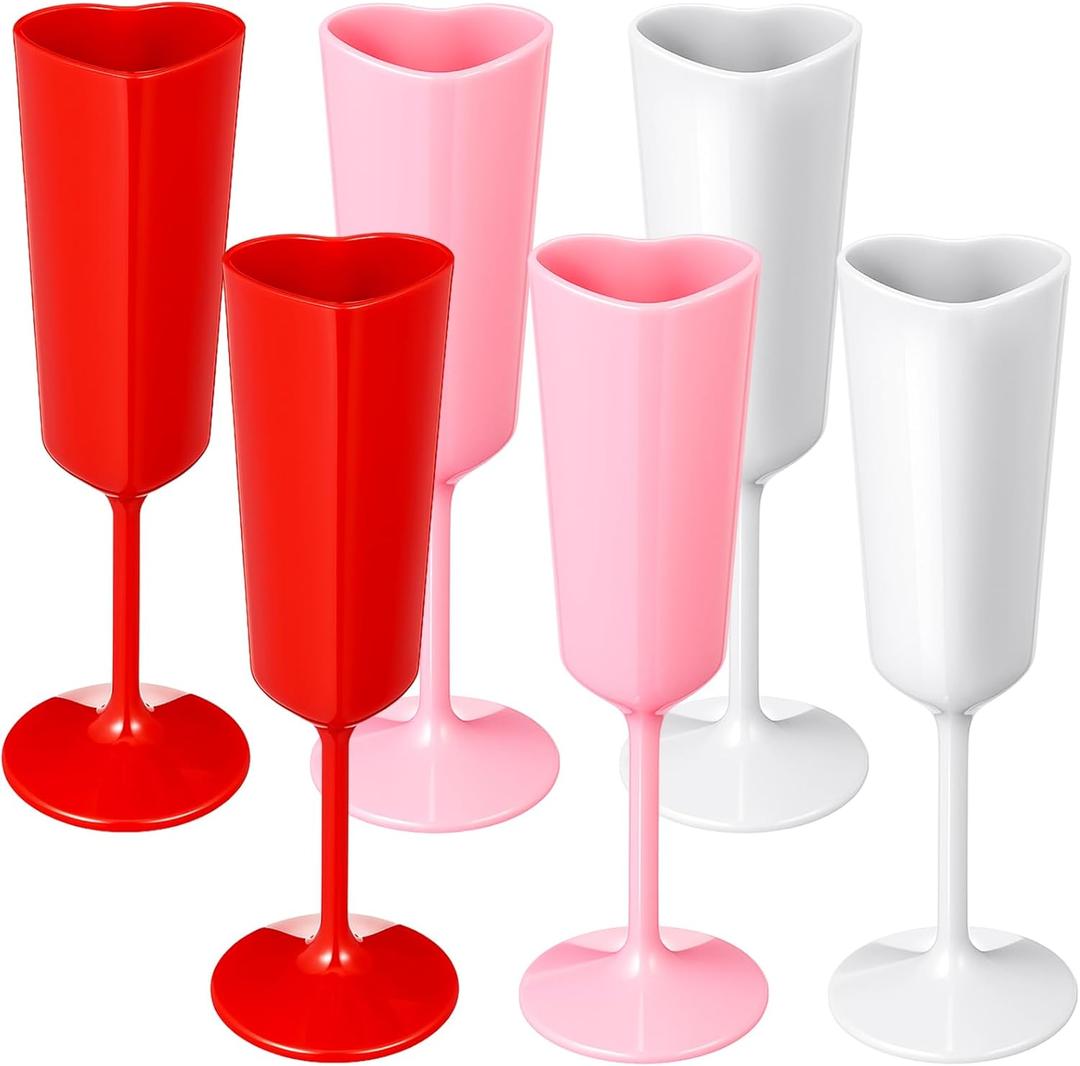 Nuogo 6 Pcs Valentine's Day Heart Plastic Champagne Flutes, 6 oz Galentines Toasting Champagne Flute for Wedding, Heart Shaped Plastic Goblets for Bachelorette Party Celebrations Supplies(Multicolor)