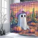Halloween Desert Ghost Shower Curtain Tropical Cactus Pumpkin Scary Bat Mountain Sunset Scene Bathroom Decor Polyester Curtains with Hooks,70Wx70L (Orange)