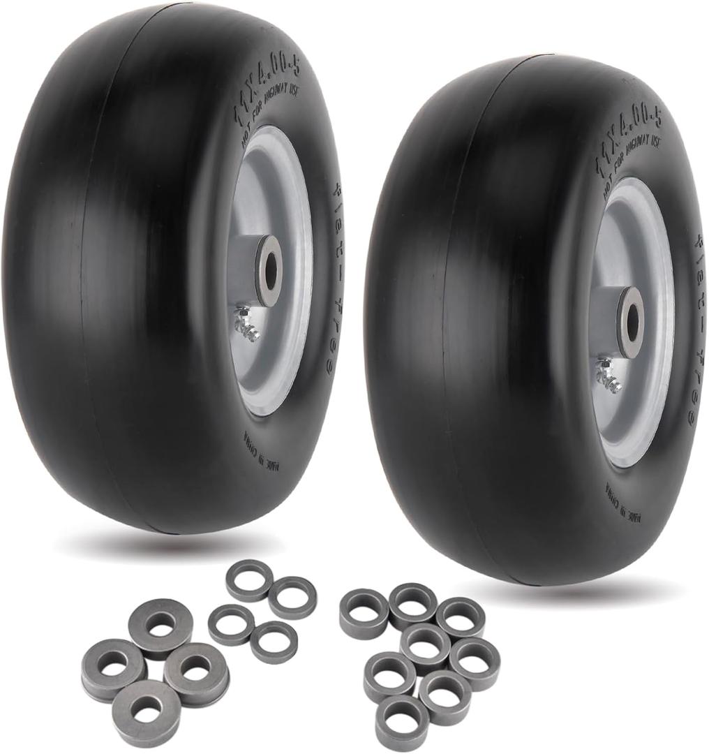 11x4.00-5 Lawn Mower Tires Flat Free Tire and Wheel 2 Pack Universal Fit 11x4-5 Flat Free Tire with Rim, 3.4"-4"-4.5"-5" Centered Hub, 3/4" or 5/8" or 1/2"Bushings
