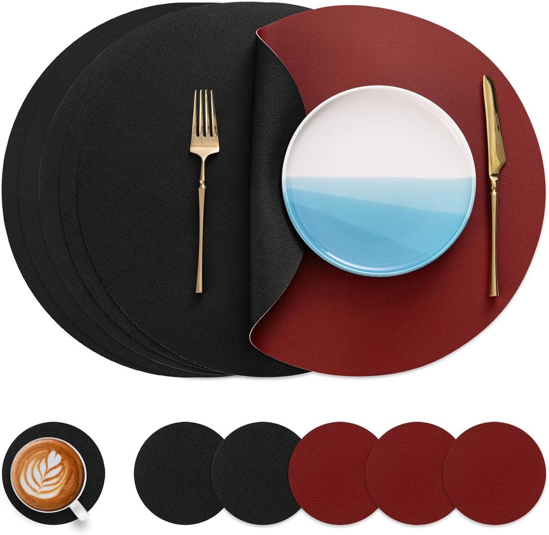 Myir JUN Round Placemats Set of 6 Faux Leather Place Mats and Coasters 15 inch Round Table Mats Dual Sided Non-Slip Stain Resistant Placemats (Red & Black, Set of 6)