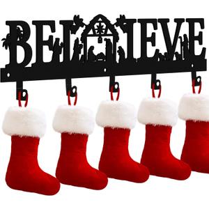 Nativity Christmas Stocking Holder for Wall with 5 Hangers Metal Christmas Stocking Wall Hanger Mantel Rack Hanging Mount Hook for Holiday Xmas Fireplace Decoration, Black(Believe)