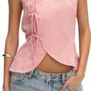 WDIRARA Women's Striped Bow Tie Front Halter Tops Asymmetrical Sleeveless Backless Tank Tops (Red, M)