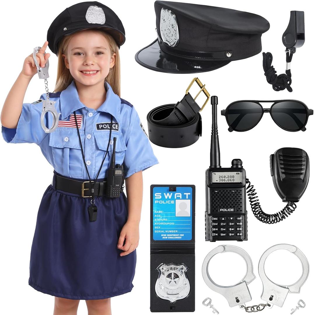Cocojeci Police Costume for Kids,Police Officer Costume for Girls,Halloween Costumes for Kids, Toddler Cop Costumes, Size 9-10 years old