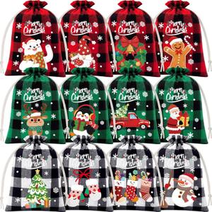 72Pcs Burlap Christmas Drawstring Bags, 5x7in Buffalo Plaid Xmas Gift Bags w/ Tag Christmas Candy Bags Small Xmas Linen Treat Bags Goody Gift Bags Reusable Gift Wrapping Bags Holiday Party Favors Sack