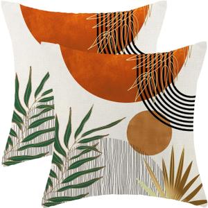 Boho Pillow Covers 18x18 Set of 2 Abstract Green Orange Gold Sunset Throw Pillow Cover Outdoor Decoration Mid Century Bohemian Style Tropical Leaf Pillowcase Farmhouse Cushion Case For Home Sofa