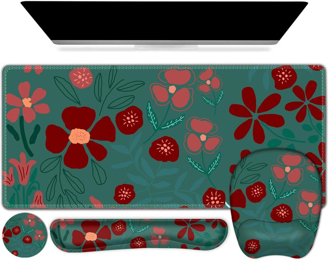 Large Mouse Pad with Wrist Support 4 in1 Set, XXL Big Game Mousepad + Keyboard Wrist Rest+Mouse Wrist Rest+Coaster Ergonomic Design Gaming Mat for Home Office Table Computer I Green Flowers