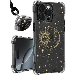 Toycamp for iPhone 16 Pro Max Case with Strap for Women - Cute Funny Girls Girly Fashion Sun Moon Design Case with Wrist Lanyards Four Corners Flexible Hang Style