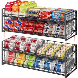 2-Pack Stackable Can Organizer for Pantry Shelf, Adjustable Extra-Long Rolling Can Rack for Kitchen Cupboard Storage, Sturdy Standing Can Holder for Canned Food Goods Soda up to 128, 2 Tier, Black