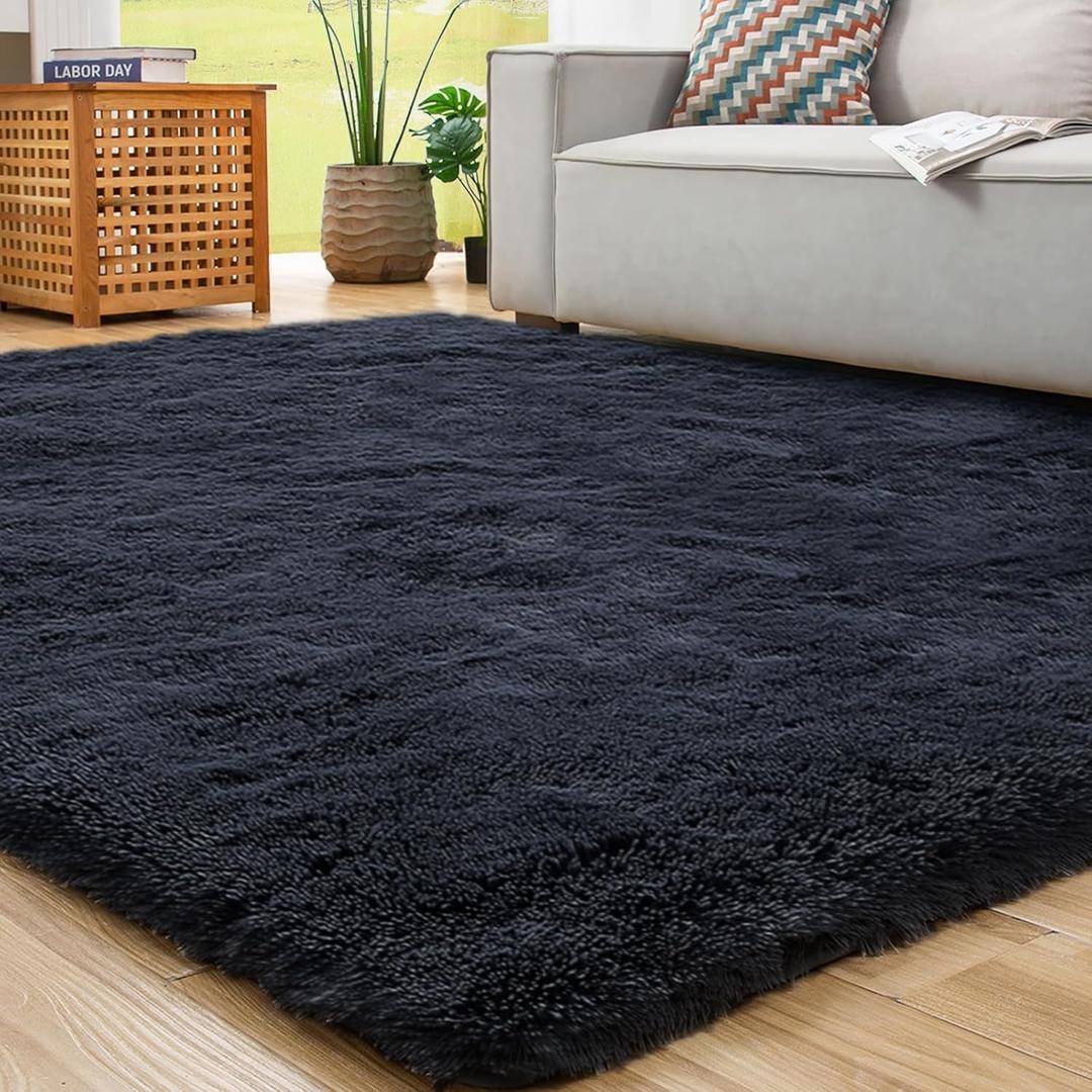 ROCYJULIN 5x7 Rug for Living Room, Area Rugs 5x7 for Bedroom, Non-Slip Carpet for Dorm Room, Fluffy Shag Rug for Playroom, Fuzzy Rug for Kids Room, Black (4'11" x 6'11" (Rectangular))