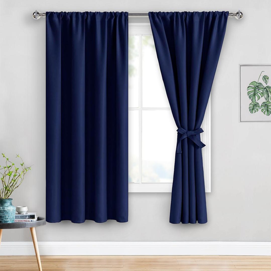 JIUZHEN Blackout Curtains for Bedroom Thermal Insulated,Noise Reducing Room Darkening Drapes for Living Room, Rod Pocket Curtains with Tiebacks, Set of 2 Panels, 42 x 63 Inch Length, Navy Blue