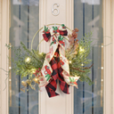 Mini Prelit Winter Wreath with Berry, Pine Leaf and Christmas Bowknot - 12 Inch Small Outdoor Wreath for Thanksgiving Holiday Wall Window Decorations