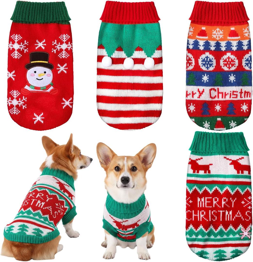4 Pack Dog Christmas Sweater, Dog Christmas Outfit Holiday Sweater Reindeer Snowman Striped Knitted Clothes for Small Medium Large Doggies Pets(Medium)