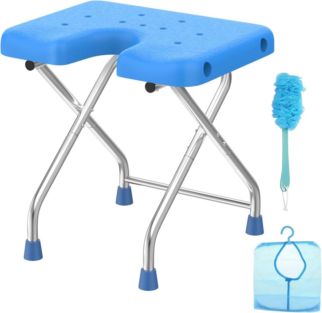 U-Shaped Folding Shower Chair, 17.3"Stainless Steel Shower Stool for Inside Bathtub, 450lbs Non-Slip Portable Travel Foldable Bath Seat for Elderly, Seniors, Disabled, Tool-free Assembly, Blue
