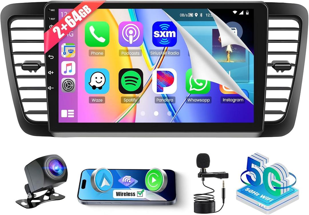 [DSP&EQ] 2G+64G Car Radio for Subaru Legacy Outback 2003-2009, 9 Inch Android Touch Screen Car Stereo with Wireless Carplay/Android Auto, Bluetooth, GPS Navi, 5GHz WiFi + Backup Camera