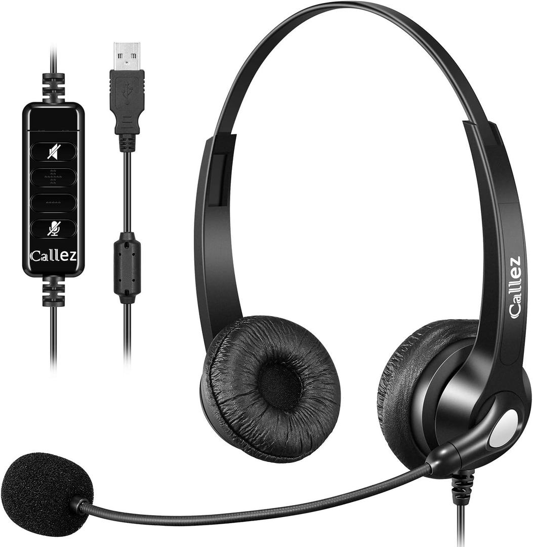 Callez USB Headset with Microphone Noise Cancelling & Audio Controls, Stereo Computer Headphones for Business Skype UC Lync Softphone Call Center Office, Clearer Voice, Super Light, Ultra Comfort