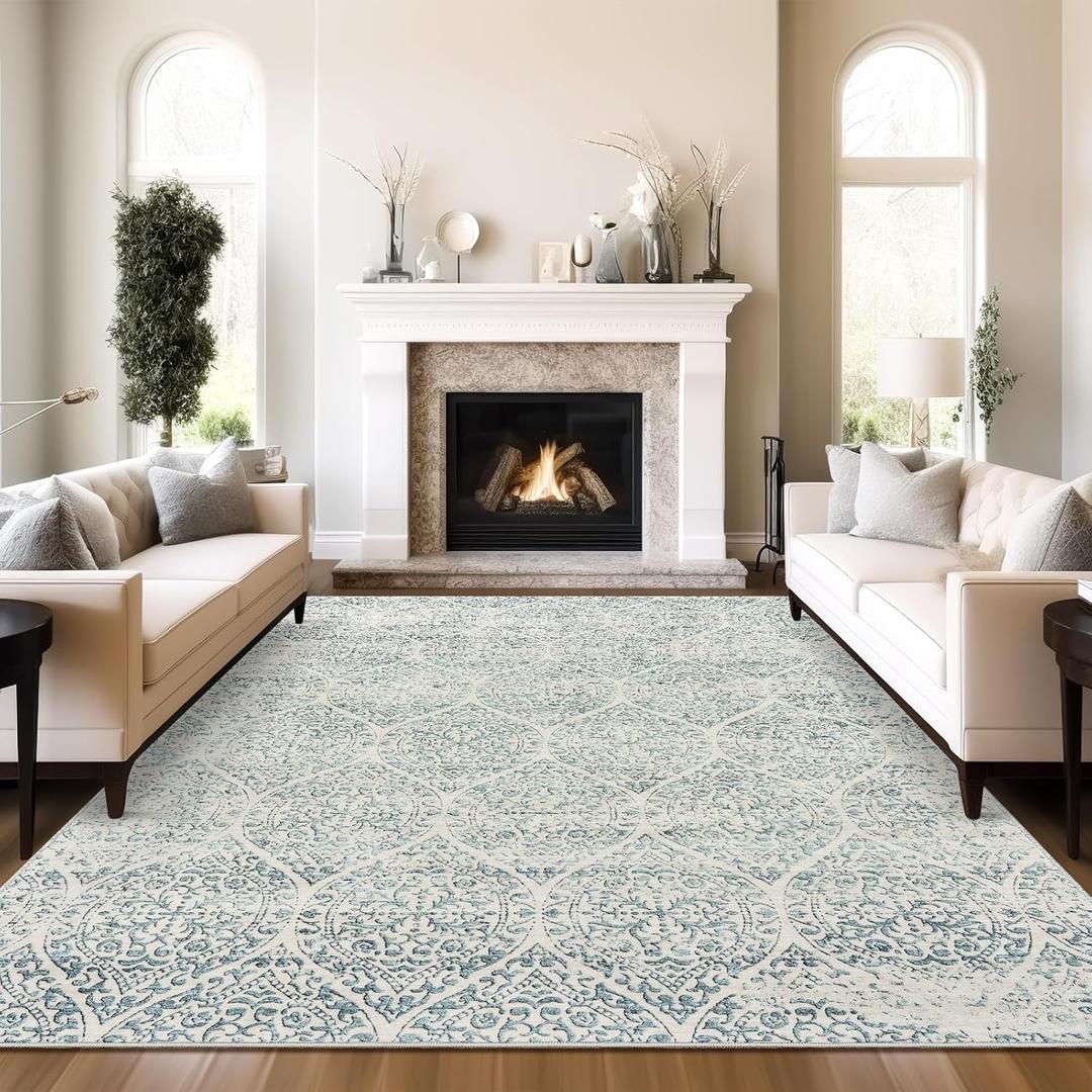 9x12 Area Rugs for Living Room, Stain Resistant Neutral Washable Rugs for Dining Room, Bedroom, Floral Vintage Non-Slip Extra Large Area Rug(Light Blue, 9'x12')