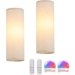 Adhesive Battery Operated Wall Sconce Set of 2, 5000 mAh Battery Rechargeable Bulb with 12 RGB Colors, Stick on Wall Sconce No Drill Wall Lights, Linen
