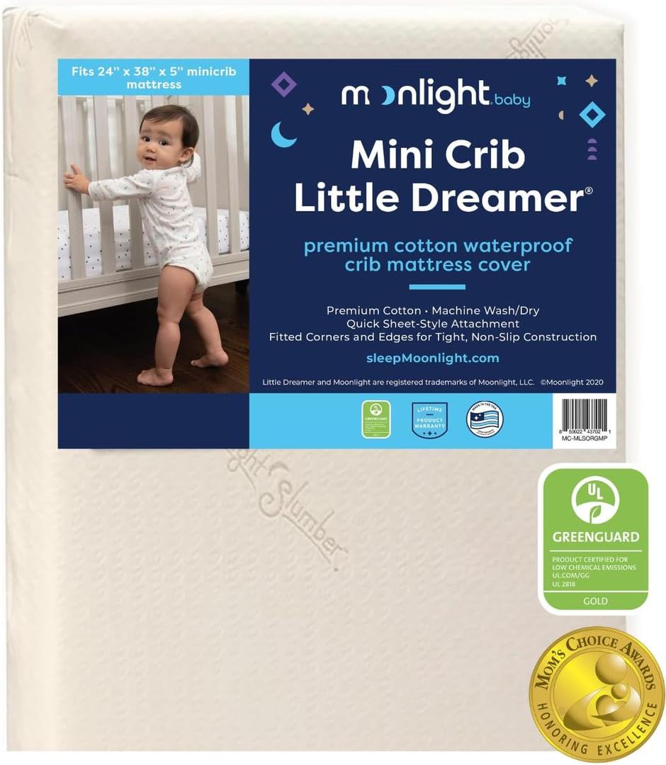 Moonlight Slumber Little Dreamer Mini Crib Mattress Cover - 100% Waterproof and Hypoallergenic - Fits 24"x 38"x 5" - Mattress Not Included