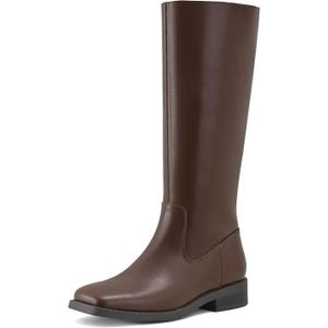 Shoe'N Tale Knee High Boots for Women Block Low Heel Stretchy Square Toe with Side Zipper Fall and Winter Fashion Comfortable Boots (Brown)