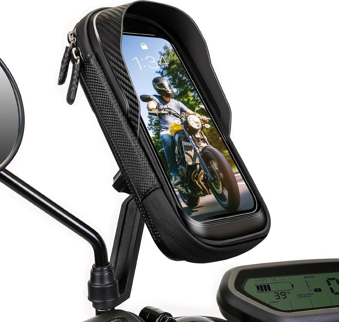 Waterproof Motorcycle Phone Mount 360 Rotation Motorcycle Rearview Mirror Phone Holder Anti-Shake Large Capacity Motorcycle Cell Phone Holder with Sun Visor and TPU Touch Screen (Black)