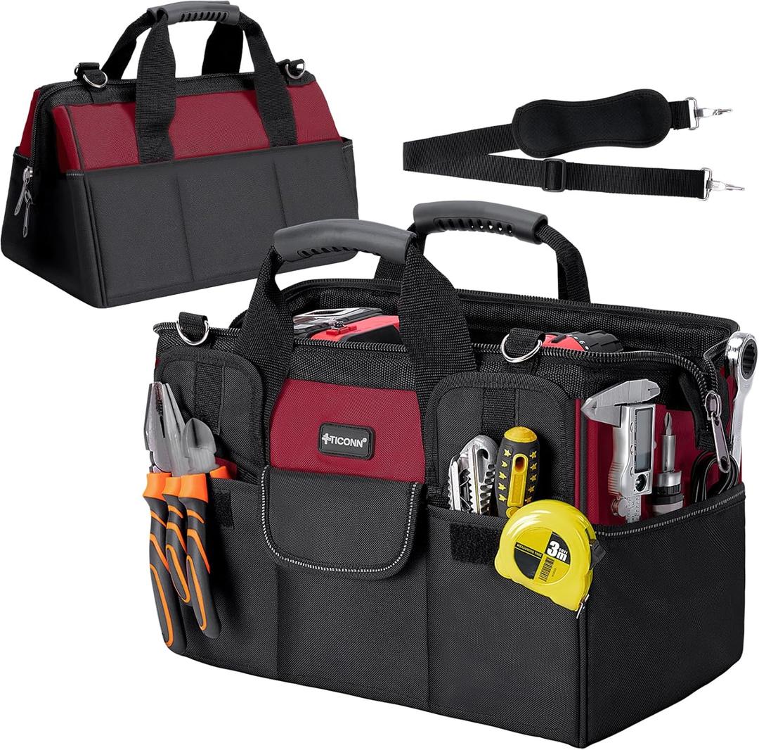 TICONN Heavy Duty Tool Bag with Multi-Pockets, Portable Tool Box Organizer Storage Bag, with Adjustable Shoulder Strap and Ergonomic Handle (Red, 14" Standard Base)