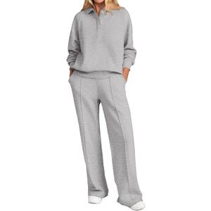 PRETTYGARDEN Women Fall 2 Piece Outfits Sweatsuits Quarter Button Long Sleeve Sweatshirt Wide Leg Pants Tracksuit Lounge Sets 
(Light Grey, Large)