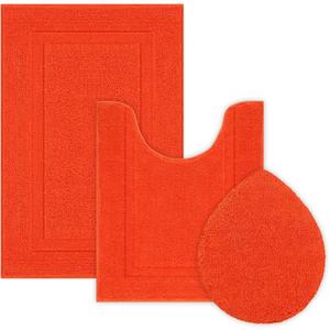 SHACOS Bathroom Rugs Sets 3 Piece with Toilet Lid Cover, 20"x32"Bath Mat and 20"x24" U-Shape Contoured Toilet Mat Machine Washable Shaggy Absorbent Bath Rugs (Orange)