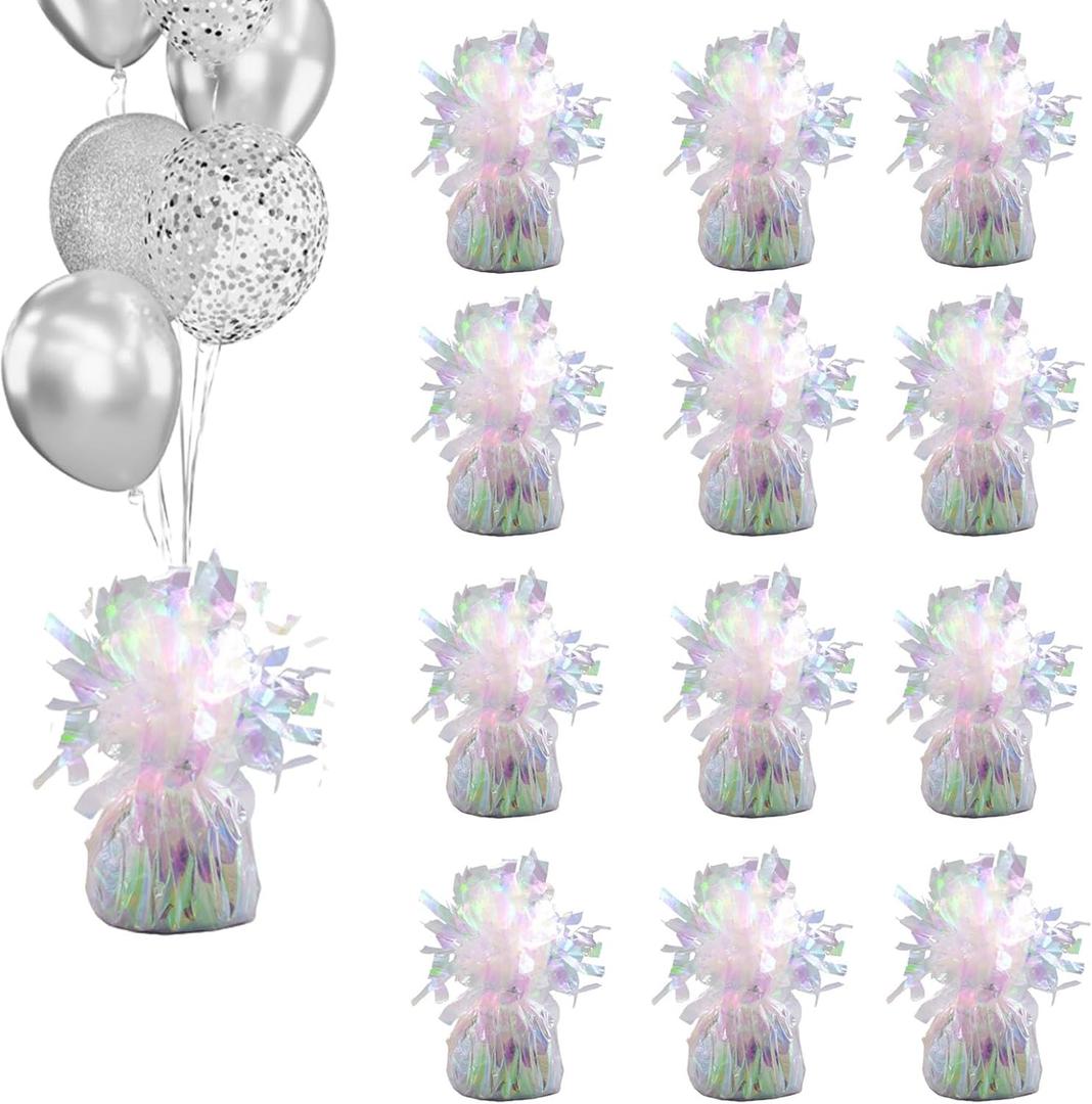 Balloon weights, 12 pieces, aluminum foil, suitable for birthday parties, gatherings, weddings, dinners and other occasions, weight 0.36lb (Lridescent 12pcs)
