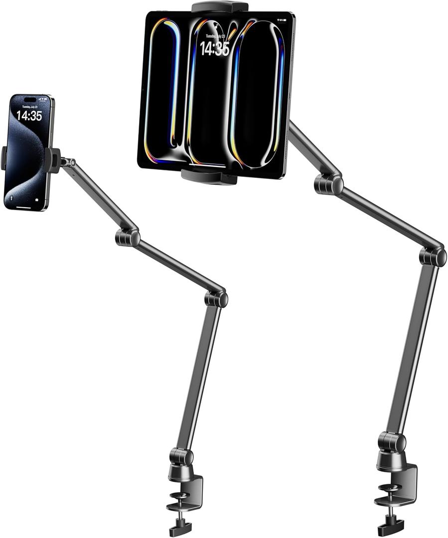 LULULOOK iPad Stand for Desk, Aluminum Alloy Arm Mount, Adjustable Holder Stand for iPad Pro 12.9/iPad mini Air, Samsung Galaxy, iPhone, Kindle, Portable Monitor Tablet 4.7"-13"(2 Clips) (Black)