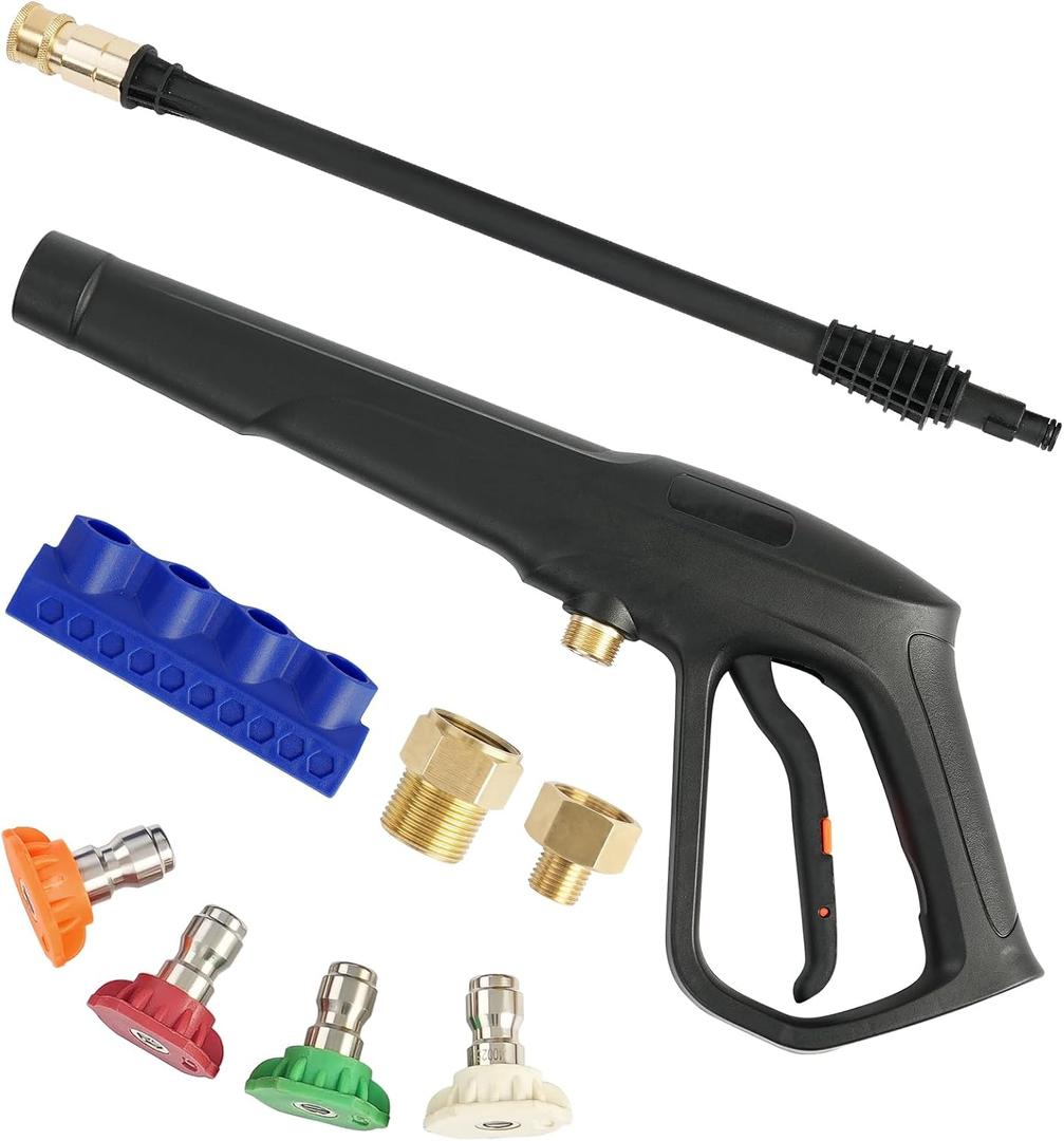 Pressure Washer Gun Set, Max W.P. 2320PSI, B.P. 5000PSI, Replacement for Ryobi Powerstroke Greenworks, M22-14mm & M22-15mm Fitting, 4 Stainless Steel Nozzle Tips & Holder (Long Handle Gun) Pressure Washer Gun Set, Max W.P. 2320PSI, B.P. 5000PSI, Replacement for Ryobi Powerstroke Greenworks, M22-14mm & M22-15mm Fitting, 4 Stainless Steel Nozzle Tips & Holder (Long Handle Gun)