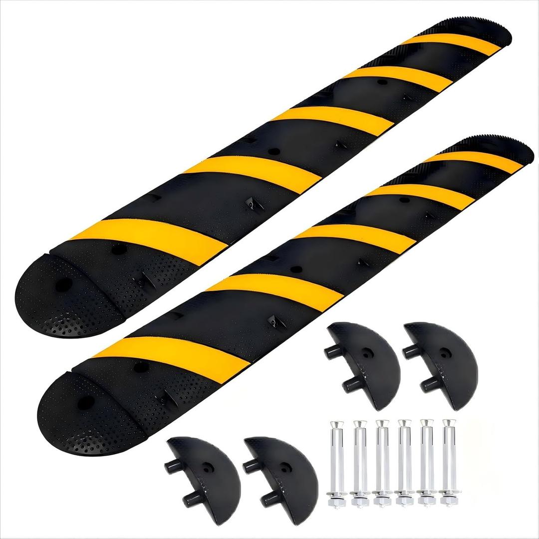 7FT Rubber Speed Bumps (2 Pack), 66000 LB Capacity Heavy-Duty Speed Hump with 4 Terminals Ends 6 Bolts for Parking Lots, Roads, Schools, Warehouses, Hotels