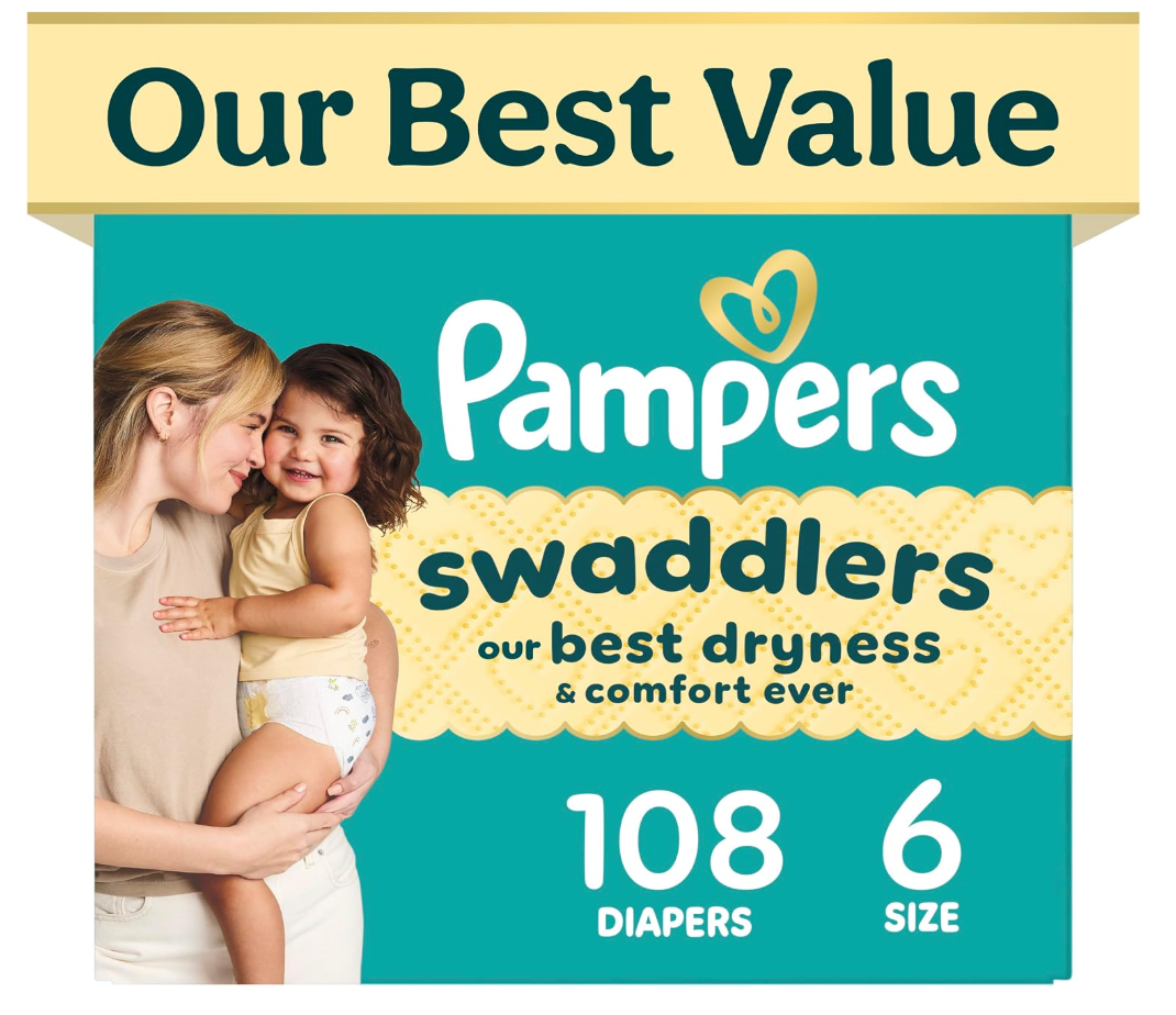Swaddlers Diapers, Size 6 (23-44 lbs), 108 Count, Absorbent, Keeps Baby Dry and Comfortable, Pediatrician Recommended Skin Safe Disposable Baby Diaper