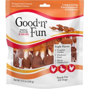 Good n Fun Triple Flavor Kabobs Chews for All Dogs, 18 Count, Treat Your Dog to Chews Made from Beef Hide, Real Chicken, Pork Hide, Duck and Chicken Liver