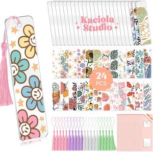 Kaciola 24 PCS Acrylic Bookmark Blanks with 24PCS Flowers Theme UV DTF Stickers and 4 Colors Tassels,Blank Bookmarks UV DTF Transfers Stickers for DIY Crafts Hanging Tag Gift Bookmarks DIY