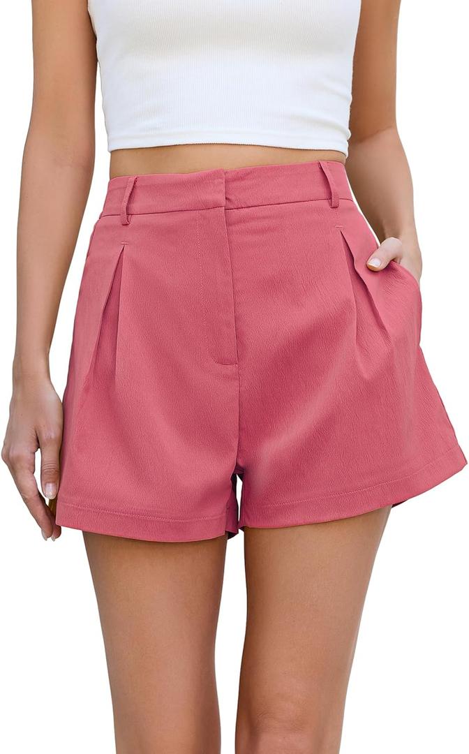 Allimy Womens Summer Box Pleats High Waisted Shorts Elastic Waist Lightweight Hidden Zip Shorts (Pink, S)