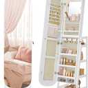 SONGMICS LED Jewelry Cabinet, 360 Swivel Jewelry Organizer, Lockable Mirror Jewelry Cabinet Standing, Rounded Wide Full-Length Mirror with Storage Shelves, Interior Mirror, Cloud White UJJC036W01