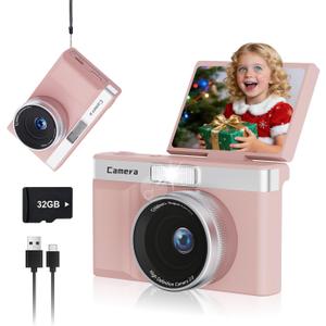 Digital Camera for Kids: 2" 180Flip Screen 30MP Point-and-Shoot Camera, with 32GB Memory Card, Compact & Portable for Kids and Teens (Light Pink)