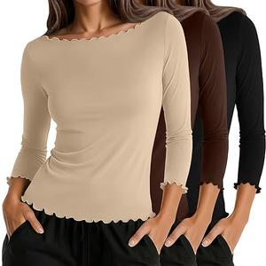 Ficerd 3 Pack Women's 3/4 Sleeve Lettuce Trim Tight Tops Boat Neck Cotton T Shirts Slim Fit Casual Fitted Basic Tees, Black, Brown, Cream, L 