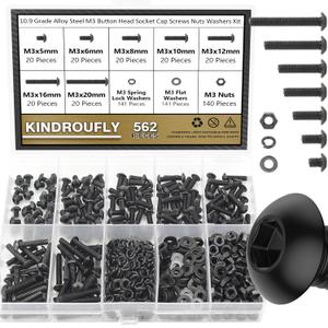 562 Pieces Black M3 x 5/6 /8/10 /12/16 /20mm Button Head Socket Cap Screws Nuts Washers Assortment Kit, 10.9 Grade Alloy Steel