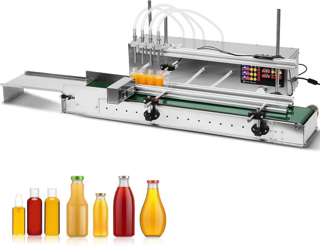 4-Nozzle Automatic Liquid Filling Machine Production Line, Equipped, 35in Belt Conveyor Desktop Version, 1-30 Ounce Countertop Filling System Independently Controlled, for Juices and Beverages