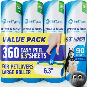 PetLovers 6.3" Extra Sticky Lint Roller 4 Pack of Large Refills Only - No Handle Included - 90 Sheets Per Refill 360 Sheets Total 4 Pack