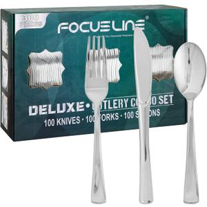 FOCUSLINE 300 Pack Silver Plastic Cutlery Set - 100 Forks, 100 Knives, 100 Spoons - Disposable Flatware Heavy Duty Plastic Silverware Set for Catering, Parties, Dinners, Weddings
