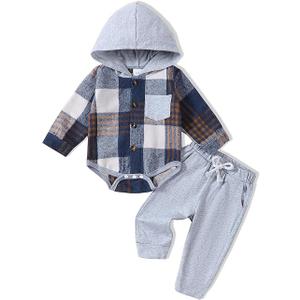 Renotemy Newborn Infant Baby Boy Clothes Winter Baby Boy Fall Outfits Plaid Flannel Baby Hoodie Romper Preemie Baby Clothes for Boys 3-6 Months